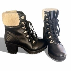 Dolls Kill Black Leather Boots with Cream Lining